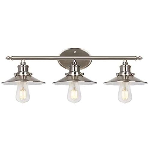 3-Light Retro Vanity Light, Brushed Nickel Bathroom Light Fixtures with Metal Shades for Dresser&Mirror Cabinets, LED Edison Bulbs Included, Farmhouse Wall Sconce Lighting for Bedroom, Powder Room