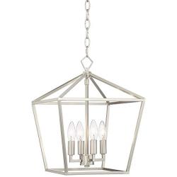Queluz Brushed Nickel Cage Foyer Pendant Chandelier 13'' Wide Geometric Frame 4-Light Fixture for Dining Room House Foyer Kitchen Island Entryway Bedroom Living Room - Franklin Iron Works
