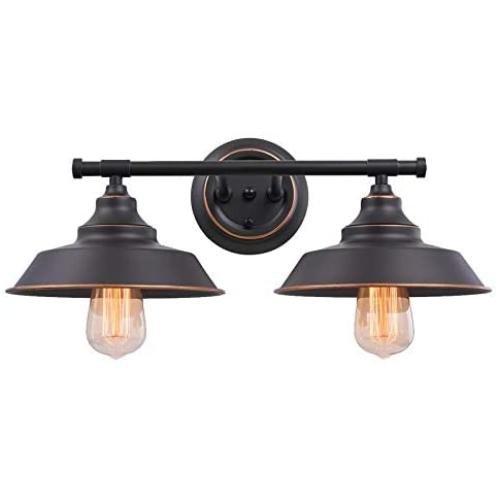 Industrial Wall Light Fixture Farmhouse Rustic Wall Sconce, Vintage Wall Mounted Vanity Light for Bathroom, Bedroom, Living Room, Kitchen, Black Metal Shade (2-Light)
