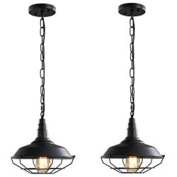 Black Industrial Pendant Lighting 2 Pack D10.23'' Vintage Farmhouse Pendant Light Fixtures with Metal Wire Cage, Retro Adjustable Chain Cage Hanging Light for Kitchen Barn Hallway Porch Bar Stairs