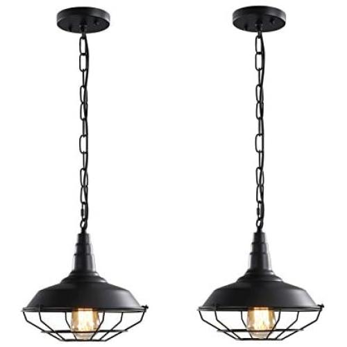 Black Industrial Pendant Lighting 2 Pack D10.23'' Vintage Farmhouse Pendant Light Fixtures with Metal Wire Cage, Retro Adjustable Chain Cage Hanging Light for Kitchen Barn Hallway Porch Bar Stairs Black Industrial Pendant Lighting 2 Pack D10.23'' Vintage Farmhouse Pendant Light Fixtures with Metal Wire Cage, Retro Adjustable Chain Cage Hanging Light for Kitchen Barn Hallway Porch Bar Stairs
