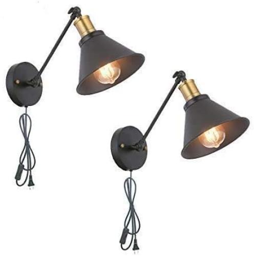 YILYNN Industrial Swing Arm Wall Lights Plug in Cord with on/Off Switch, Vintage Simplicity Black Finish Metal Wall Lamp, Bedside Reading Lamp, Bedroom Wall Sconce, Set of 2