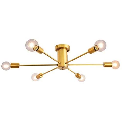 ALISADABOY Ceiling Lamp 6 Lights Semi Flush Ceiling Light Vintage Brushed Brass Industrial Sputnik Chandelier for Kitchen Dining Room Living Room Bedroom Lighting Fixture