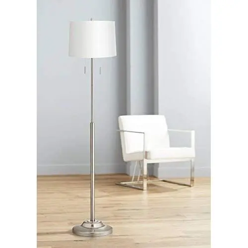 Abba Modern Floor Lamp Brushed Nickel Satin White Hardback Drum Shade for Living Room Reading Bedroom Office - 360 Lighting Abba Modern Floor Lamp Brushed Nickel Satin White Hardback Drum Shade for Living Room Reading Bedroom Office - 360 Lighting