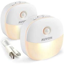 AUVON Rechargeable Motion Sensor Night Light, Warm White LED Stick-On Closet Light with Dusk to Dawn Sensor, Adjustable Brightness for Wall, Stairs, Cabinet, Hallway (2 Pack)