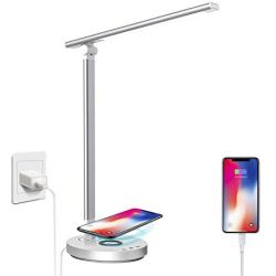 XZN Dimmable LED Desk Lamp with Wireless Charger, USB Charging Port, Touch Control 5 Brightness Levels & 5 Color Modes, Auto Timer Eye-Caring Desk Lamp, Foldable Table Lamp for Office, Reading(Sliver)