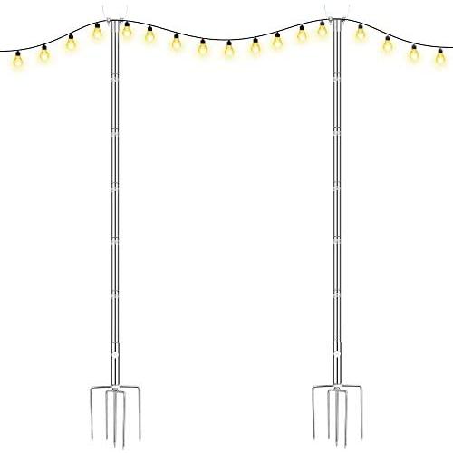 Brillihood Outside String Light Poles, (2X 10ft) Height Adjustable Stainless Steel Pole Stand for Hanging String Lights + Used for Patio, Backyard, Garden, Christmas, Café Wedding Light Décor