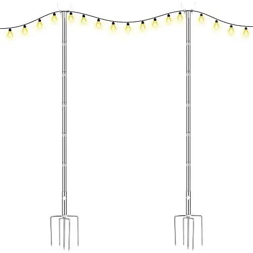 Brillihood Outside String Light Poles, (2X 10ft) Height Adjustable Stainless Steel Pole Stand for Hanging String Lights + Used for Patio, Backyard, Garden, Christmas, Café Wedding Light Décor