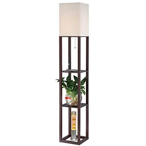HomeFocus Shelf Floor Lamp Light with USB Charging Port,Display Shelves Floor Lamp Light,Living Room Floor Lamp Light,Bedroom Floor Lamp Light,White Burlap Shade,Walnut Brown