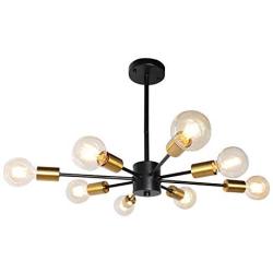 JHLBYL Sputnik Chandeliers 8 Lights Modern Pendant Lighting Black Vintage Semi Flush Ceiling Light Fixture for Kitchen Dining Room Living Room, Golden Lamp Holder