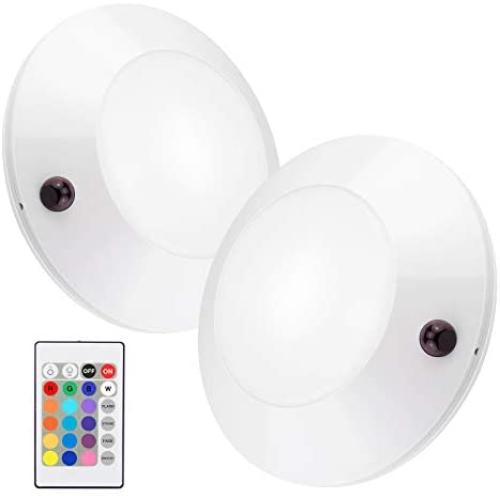 BIGLIGHT Battery Operated Wireless LED Ceiling Light, Remote Controlled, 16 Color Changing Mood Light, Hallway Lighting, Dimmable Night Light for Shower Closet Bedroom Corridor Bathroom, 2 Pack