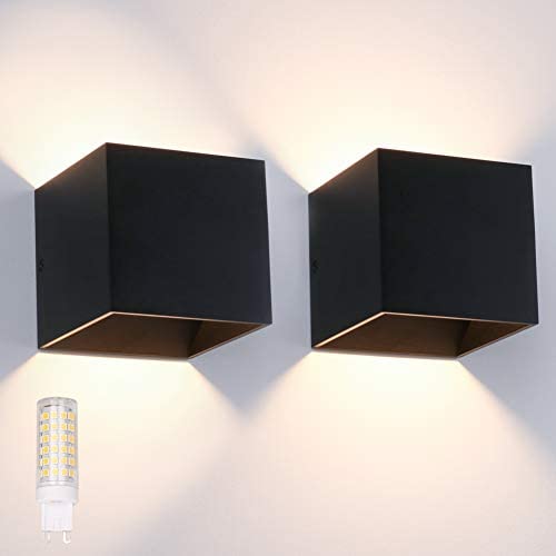 Ralbay LED Modern Black Indoor Wall Sconce 2-Pack 9W Aluminum LED Up and Down Black Indoor Wall Lighting Fixtures for Indoor Living Room Bedroom Hallway, with G9 Bulb (Warm White Light, 3000K)