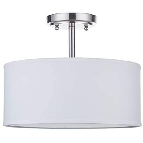 13'' 2 Light LED Fabric Drum Shade semi Flush Mount Ceiling Light PS Diffuser with Brushed Nickel Finish, White Fabric Chandeliers Shade for Bar, Dining Room, Corridor,Living Room