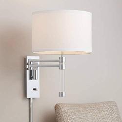 Villasor Modern Swing Arm Wall Lamp Chrome Plug-in Light Fixture White Drum Shade for Bedroom Bedside Living Room Reading - Possini Euro Design