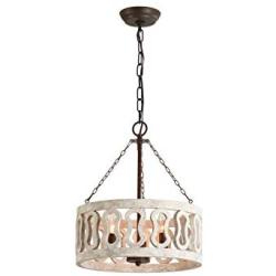 3-Light Distressed Wood Chandelier, Wooden Barrel Drum Design, Shabby Chic Hanging Pendant Ceiling Lighting