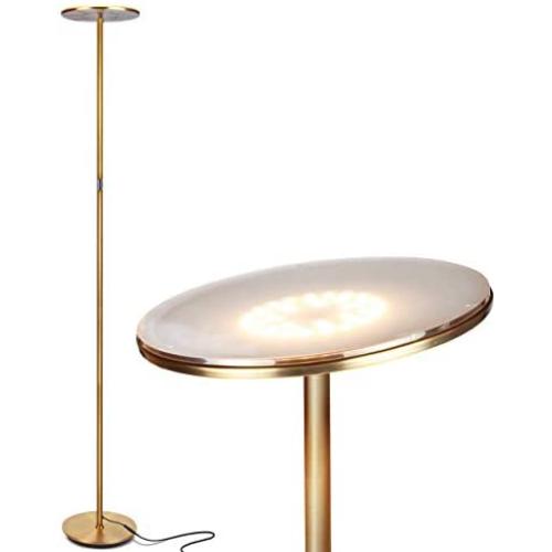 Brightech Sky Flux - The Very Bright LED Torchiere Floor Lamp, for Your Living Room & Office - Halogen Lamp Alternative with 3 Light Options Incl. Daylight - Dimmable Modern Uplight - Brass