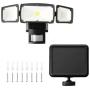 Home Zone Security Solar Motion Sensor Light - Outdoor Weatherproof Triple Head LED Security Flood Light, Black
