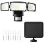 Home Zone Security Solar Motion Sensor Light - Outdoor Weatherproof Triple Head LED Security Flood Light, Black