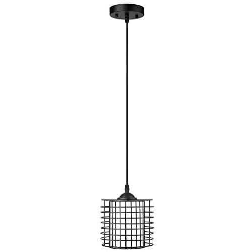 Osimir Industrial Pendant Light, Mini Cage Kitchen Hanging Light Fixture for Dinning Room, Matte Black Finish, Fabric Lampshade, CH9178-1