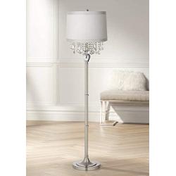 Crystals Chandelier Floor Lamp Satin Steel Off White Fabric Drum Shade for Living Room Reading Bedroom Office - 360 Lighting