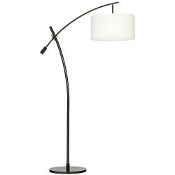 Modern Arc Floor Lamp Bronze Off White Linen Drum Shade Adjustable for Living Room Reading Bedroom Office - Possini Euro Design