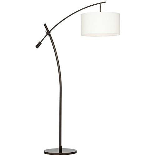 Modern Arc Floor Lamp Bronze Off White Linen Drum Shade Adjustable for Living Room Reading Bedroom Office - Possini Euro Design