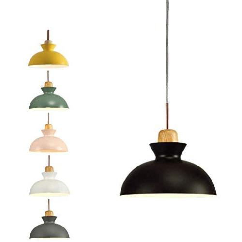 SkyTalent Modern Wooden Handle Pendant Hanging Light, Macaron Pendant Lighting Metal Shade Chandeliers Hanging Lighting Retro Industrial lamp for Dining Room Bulbs Not Included (Black)