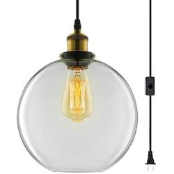 LAKIQ Hanging Pendant Light Plug in Glass Globe Modern Vintage Kitchen Island Lights Indoor Dining Table Hanging Lighting Fixture for Living Room Restaurant Foyer Bar Dining Room