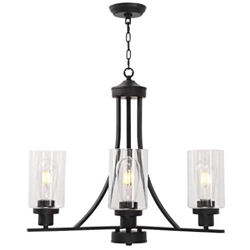 BONLICHT Contemporary Glass Chandelier 3 Light BlackTraditional Chandelier Kitchen Dining Room Light Fixture Hanging Glass Cylinder Pendant Light Vintage Industrial Flush Mount Ceiling Light