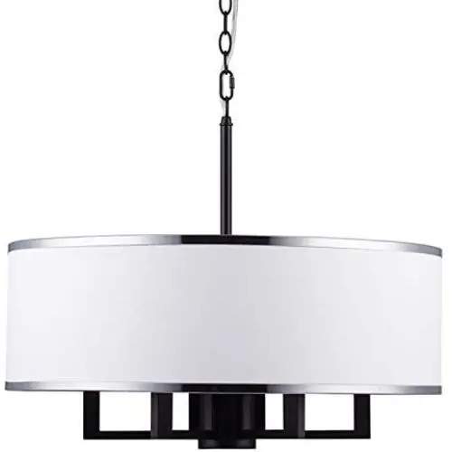 Loclgpm Modern Drum Chandelier Light, 6 Lights Metal Pendant Lighting with White Shade, Black Ceiling Lamp Fixture Hanging for Dining Room Bedroom Kitchen Island Bathroom Living Room Home