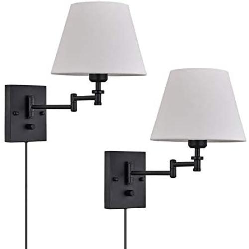Wall Sconce Sets of 2 Wall Lamps with Plug in Cord Adjustable Swing Arm Wall Lights Bedroom Fabric Shade Wall Mount Sconce Fixtures for Living Room Bedside Hallway (Black base, White shade)