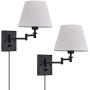 Wall Sconce Sets of 2 Wall Lamps with Plug in Cord Adjustable Swing Arm Wall Lights Bedroom Fabric Shade Wall Mount Sconce Fixtures for Living Room Bedside Hallway (Black base, White shade)