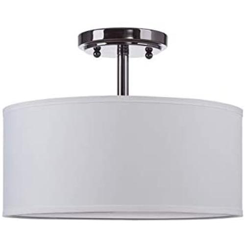 2 Light 14'' Off White Fabric Drum Shade semi Flush Mount Ceiling Led Light PS Diffuser with Antique Nickel Finish, Chandeliers Shade for Bar, Dining Room, Corridor,Living Room.