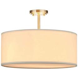 LED White Fabric Drum Shade semi Flush Mount Ceiling Light PS Diffuser with Brushed Bronze Finish, Chandeliers Shade with 20'' 3 Light
