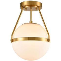 Mid Century Modern Globe Semi Flush Mount Ceiling Light Fixture,White Opal with Brass Finish,Living/Dinning Room