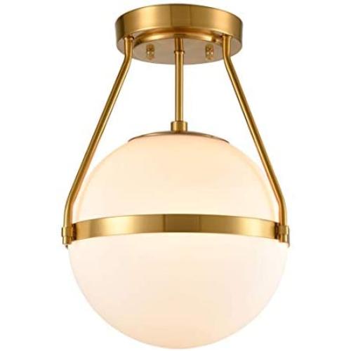 Mid Century Modern Globe Semi Flush Mount Ceiling Light Fixture,White Opal with Brass Finish,Living/Dinning Room