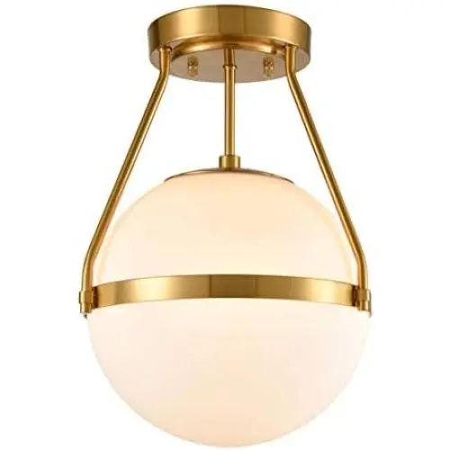 Mid Century Modern Globe Semi Flush Mount Ceiling Light Fixture,White Opal with Brass Finish,Living/Dinning Room