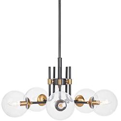 MOTINI 5-Light Sputnik Chandelier with Clear Glass 5LT Modern Pendant Geometric Light Rod Hanging Lighting Indoor 27''x 27''x11'', Black/Brushed Brass