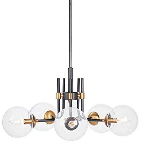MOTINI 5-Light Sputnik Chandelier with Clear Glass 5LT Modern Pendant Geometric Light Rod Hanging Lighting Indoor 27''x 27''x11'', Black/Brushed Brass