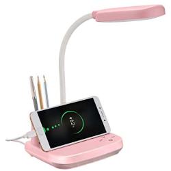 LED Rechargeable Desk Lamp, Yonnami 5-in-1 Multifunctional Desk Lamp with USB Charging Port & Pen Holder & Phone Holder, 3 Color Modes with Night Light for Dorm Bedroom Reading (Pink)