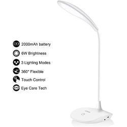 Multifunctional Led Desk Lamp with 2000mAh Rechargeable Battery,6W Brightness, 3 Lighting Mode, Flexible Gooseneck, Touch Control, Eye-Caring Dorm Study Office Bedroom Lamp with Adapter