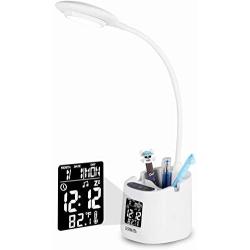 Gerintech LED Desk Lamp with Clock, Battery Operated Table Lamp with Pen Holder for Kids Dorm Room, White (5.5)