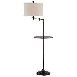 Maxax Floor Lamp with Swing Arm, Standing Lamp Bedroom Light with Table & Oatmeal Fabric Shade for Living Room Reading Office, Black Finish