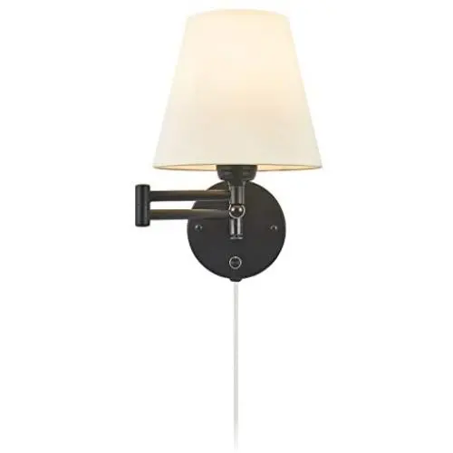 Swing Arm Wall Lamp 7.1'' Shade Width Plug in Wall Mount Opaque Ivory Linen Shade 40W 2-Way Cord Covers(1 Light)