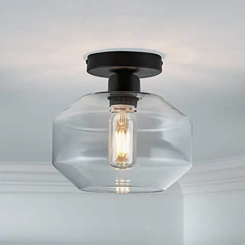LANROS Industrial Semi-Flush Ceiling Light Fixture with Clear Glass Shade for Dining Room, Bedroom, Cafe, Bar, Corridor, Hallway, Entryway, Passway