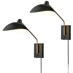 CLAXY Swing Arm Bedroom Wall Sconces Modern Black Plug-in or Hardwired Sconce Lighting with USB Charge Port-2 Pack