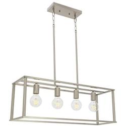 BONLICHT Modern Kitchen Island Chandelier 4 Light Brushed Nickel Open Metal Frame Rectangle Pendant Lighting Fixture Hanging Linear Cage Ceiling Light for Dining Room Farmhouse Foyer Cafe Bar