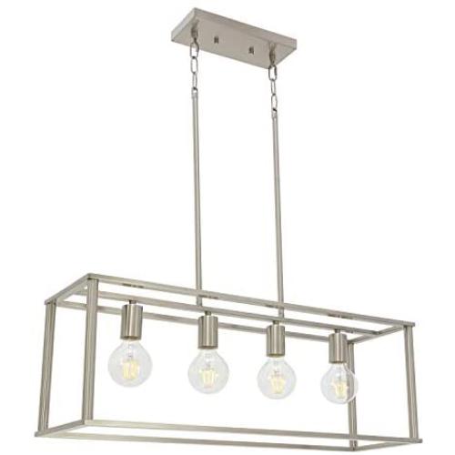 BONLICHT Modern Kitchen Island Chandelier 4 Light Brushed Nickel Open Metal Frame Rectangle Pendant Lighting Fixture Hanging Linear Cage Ceiling Light for Dining Room Farmhouse Foyer Cafe Bar