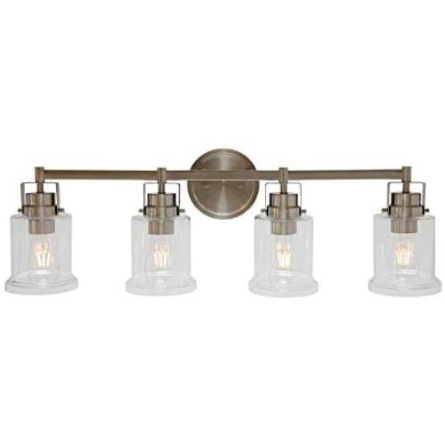 VINLUZ 4-Lights Farmhouse Bathroom Vanity Light Brushed Nickel Modern Wall Lighting with Clear Glass Shade Over Mirror, Modern Wall Sconce Light Fixtures for Living Room Bedroom Dining Room Hallway