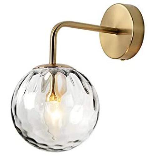 LITFAD Golden Spherical Wall Lamp Minimalist 1 Light Rippled Glass Wall Sconce Lighting with Arm Modern LED Wall Lamp for Kitchen Study Bedroom Foyer